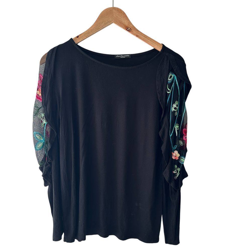 Cha Cha Vente Shirt Black Embroidered Long Sleeve Ruffles Medium Sheer Goth NWOT
